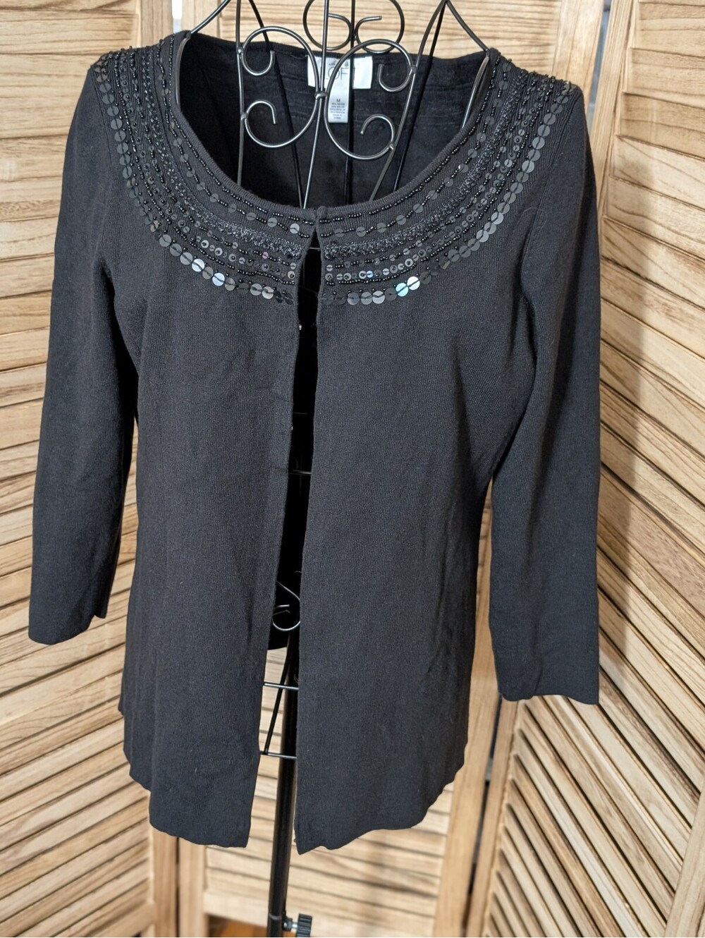 Ann Taylor Loft Womens Cardigan Sweater Sz Large Black & Black Sequins
